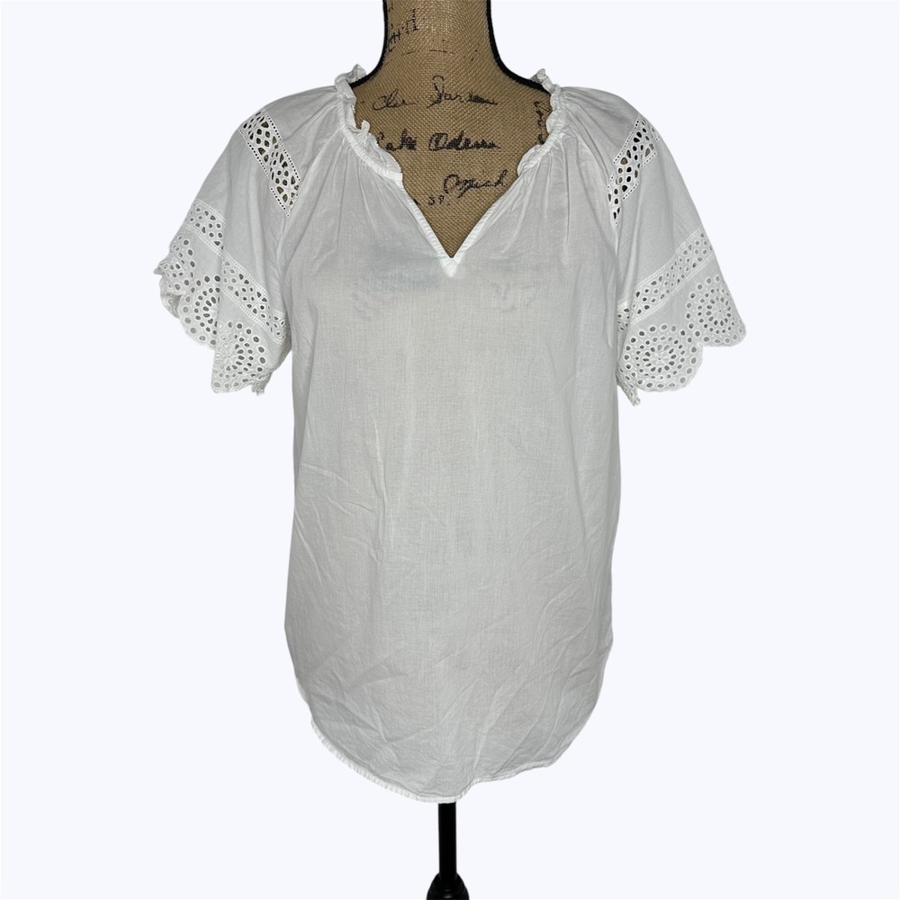 Talbots White Cotton Eyelet Lace Top Short Sleeve Peasant Boho Cottagecore Sz M